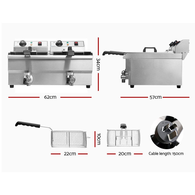 Danoz Kitchen - Devanti 20L Electric Commercial Deep Fryer Double Baskets Oil Taps 6000W - danozdirect