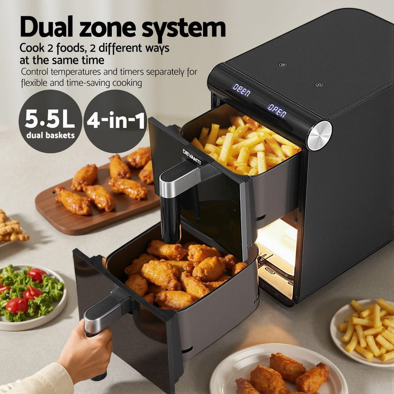 Danoz Kitchen - Devanti Air Fryer Oven 11L Dual Zone Fryers - danozdirect