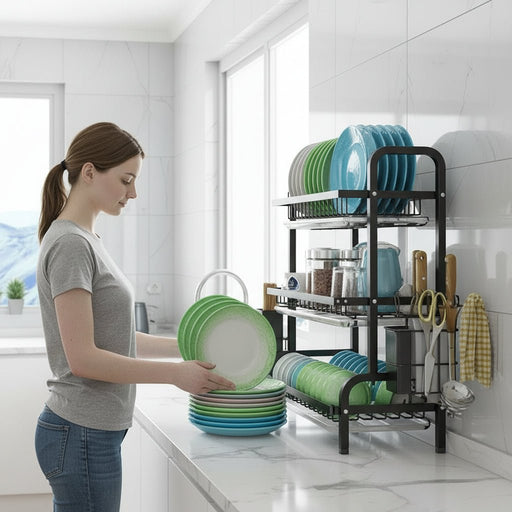 Danoz Kitchen - Dish Rack 3 Tier Dish Dryer Drainer Stainless Steel Dish Drying Rack Drip Trays Side Holder Kitchen Storage Save Space - danozdirect