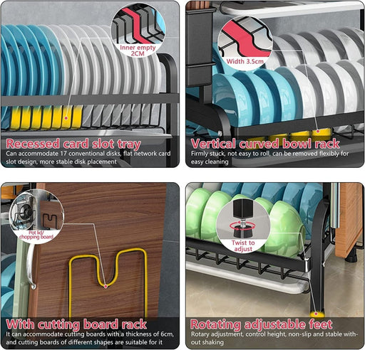 Danoz Kitchen - Dish Rack 3 Tier Dish Dryer Drainer Stainless Steel Dish Drying Rack Drip Trays Side Holder Kitchen Storage Save Space - danozdirect