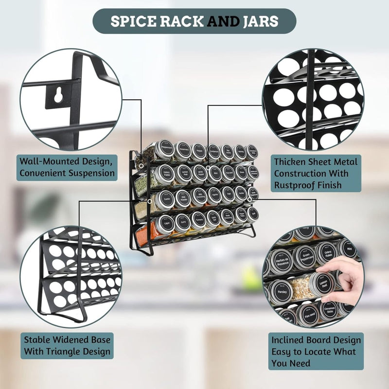 Danoz Kitchen - Spice Rack organiser with 28 Spice Jars, Spice Labels, Funnel and Marker for Kitchen Countertop - danozdirect