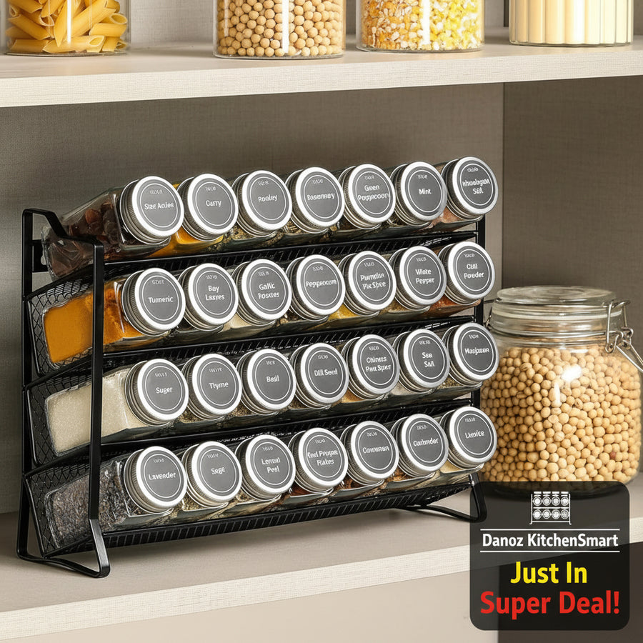 Danoz Kitchen - Spice Rack organiser with 28 Spice Jars, Spice Labels, Funnel and Marker for Kitchen Countertop - danozdirect