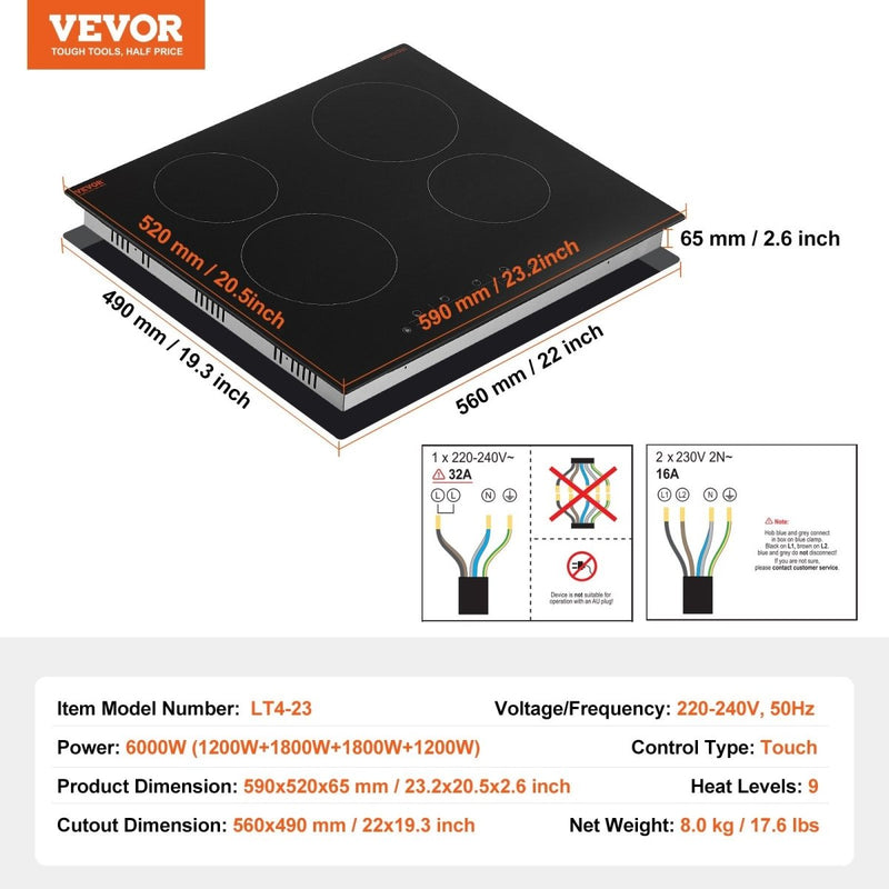 Danoz Kitchen - VEVOR Built - in Electric Cooktop Radiant Ceramic Cooktop 4 Burners 23.2x20.5 inch - danozdirect