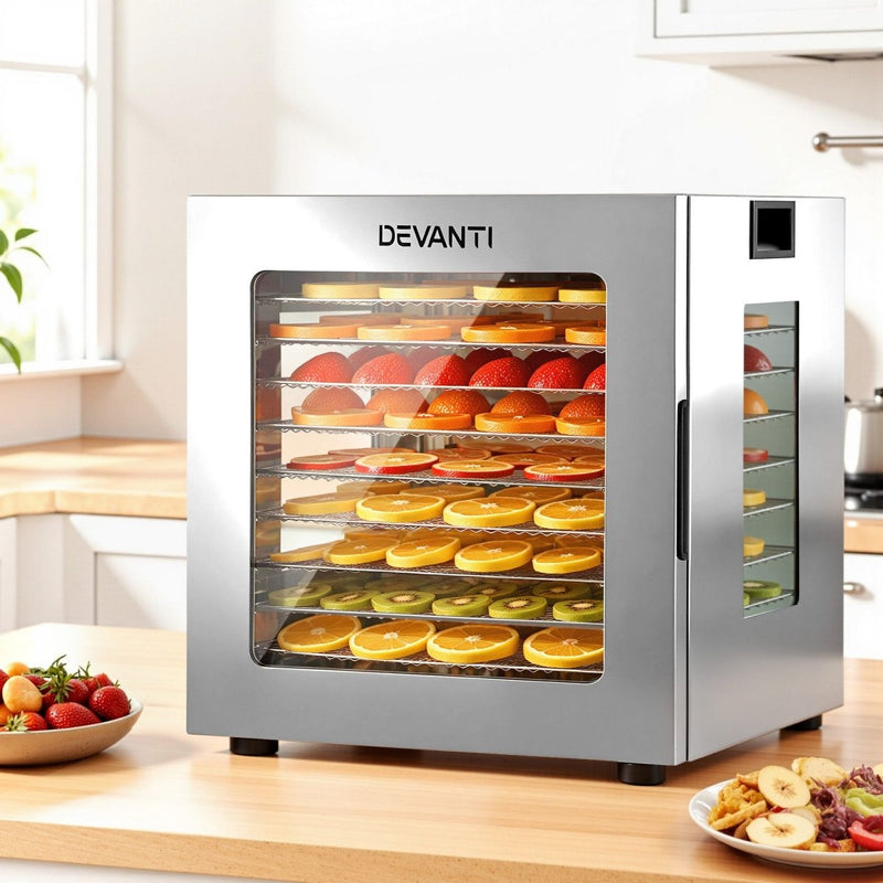 Danoz KitchenSmart Devanti 10 Trays Food Dehydrator Stainless Steel Visible Glass Door 850W - danozdirect