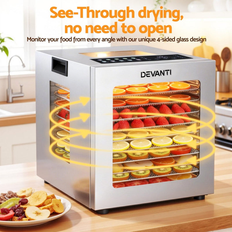 Danoz KitchenSmart Devanti 10 Trays Food Dehydrator Stainless Steel Visible Glass Door 850W - danozdirect
