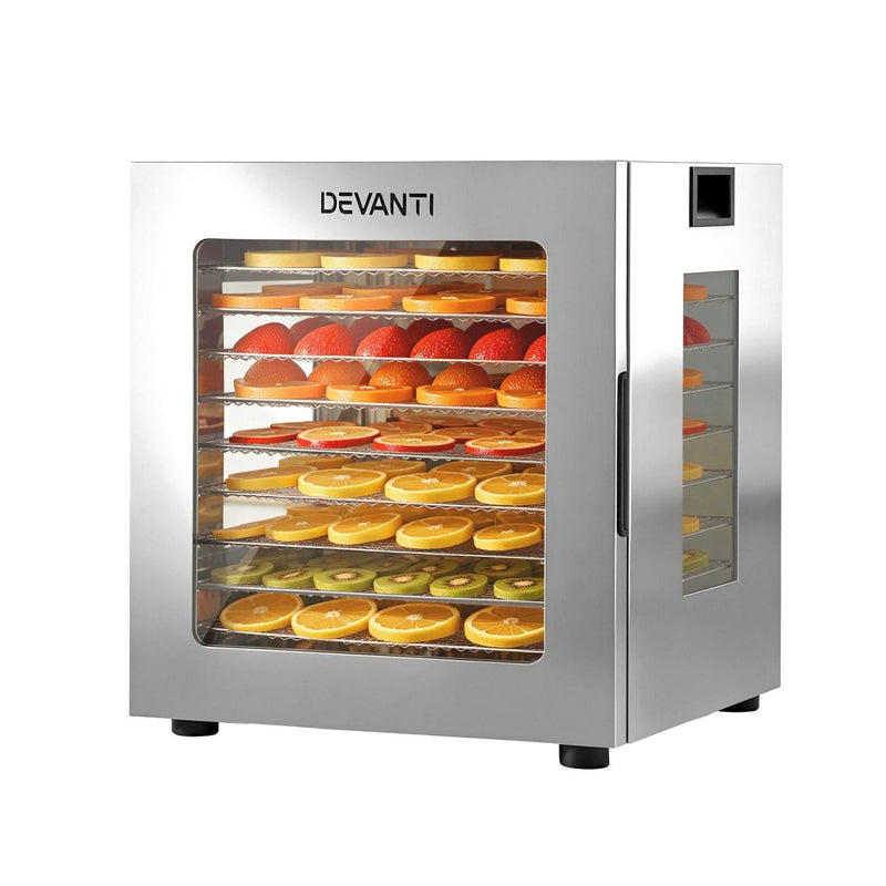 Danoz KitchenSmart Devanti 10 Trays Food Dehydrator Stainless Steel Visible Glass Door 850W - danozdirect