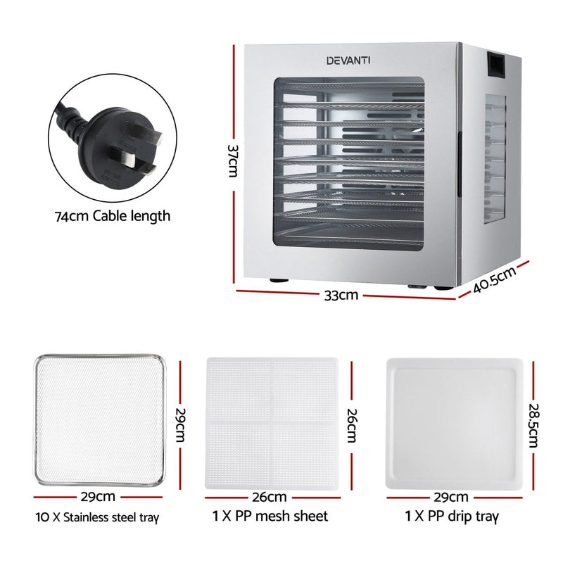 Danoz KitchenSmart Devanti 10 Trays Food Dehydrator Stainless Steel Visible Glass Door 850W - danozdirect