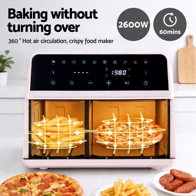 Danoz KitchenSmart - Devanti Air Fryer 9L Dual Zone Fryers 2600W Pink - Free Postage - danozdirect