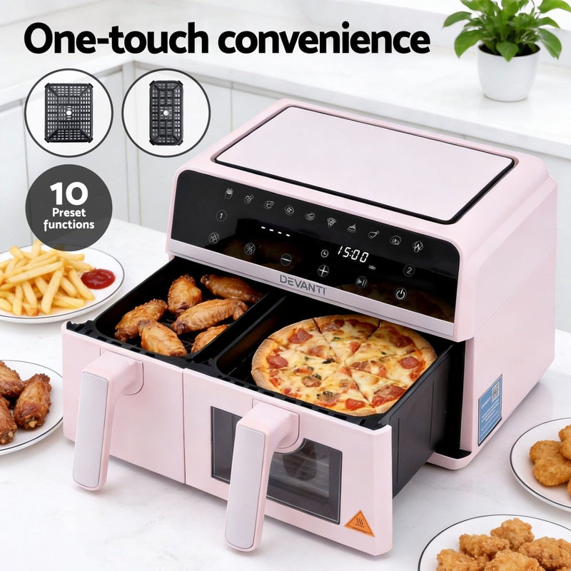 Danoz KitchenSmart - Devanti Air Fryer 9L Dual Zone Fryers 2600W Pink - Free Postage - danozdirect