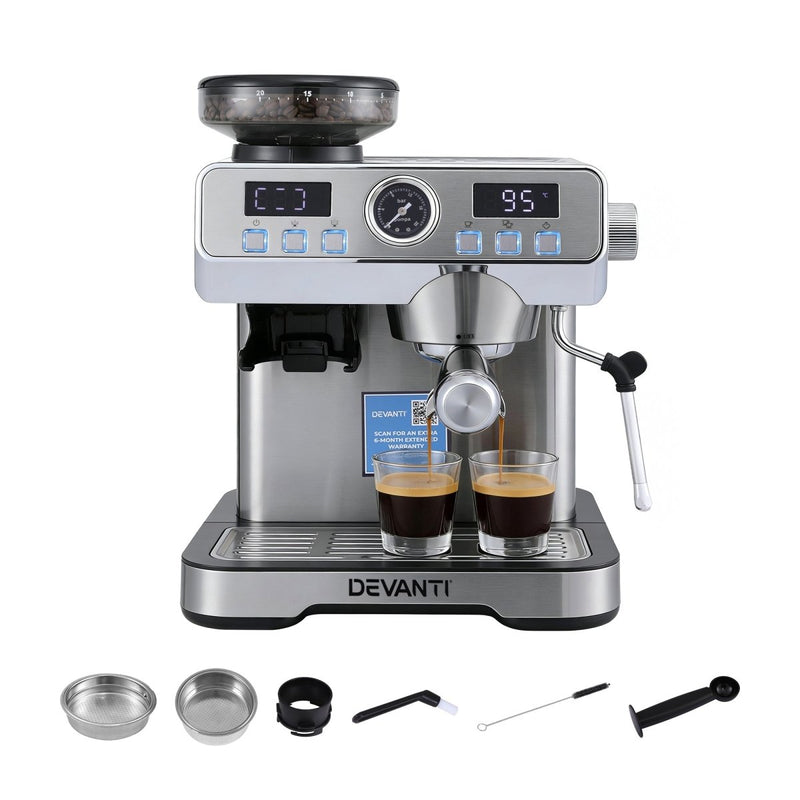 Danoz KitchenSmart Devanti Coffee Machine Espresso Latte Maker with Grinder Milk Frother Steam Wand - danozdirect