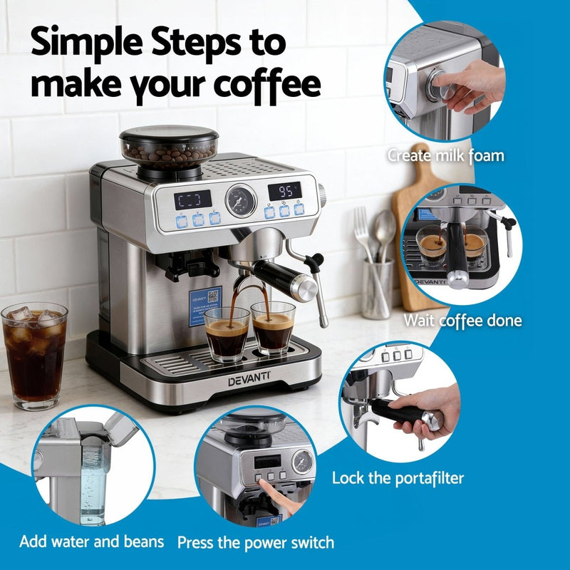 Danoz KitchenSmart Devanti Coffee Machine Espresso Latte Maker with Grinder Milk Frother Steam Wand - danozdirect