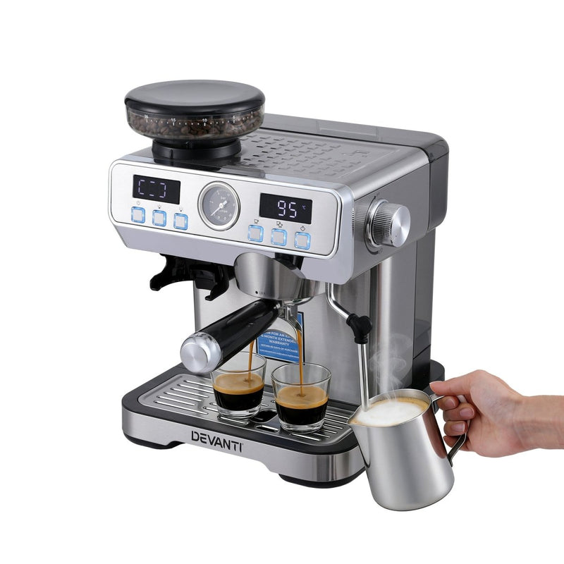 Danoz KitchenSmart Devanti Coffee Machine Espresso Latte Maker with Grinder Milk Frother Steam Wand - danozdirect