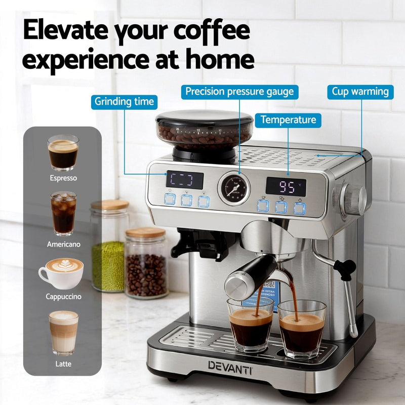 Danoz KitchenSmart Devanti Coffee Machine Espresso Latte Maker with Grinder Milk Frother Steam Wand - danozdirect