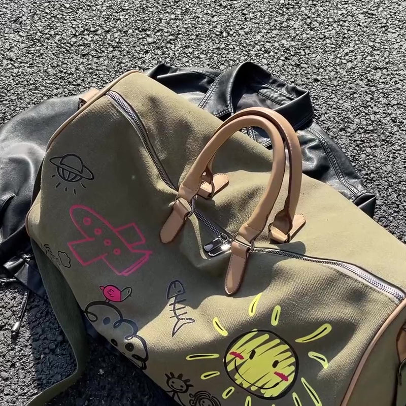 Danoz Large Capacity Canvas Travel Duffel Bag with Doodle Print - Weekend & Gym Tote(black) - danozdirect