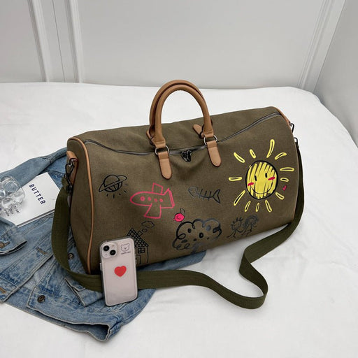 Danoz Large Capacity Canvas Travel Duffel Bag with Doodle Print - Weekend & Gym Tote(black) - danozdirect