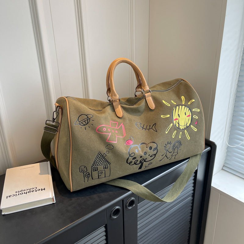 Danoz Large Capacity Canvas Travel Duffel Bag with Doodle Print - Weekend & Gym Tote(black) - danozdirect