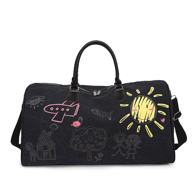 Danoz Large Capacity Canvas Travel Duffel Bag with Doodle Print - Weekend & Gym Tote(black) - danozdirect