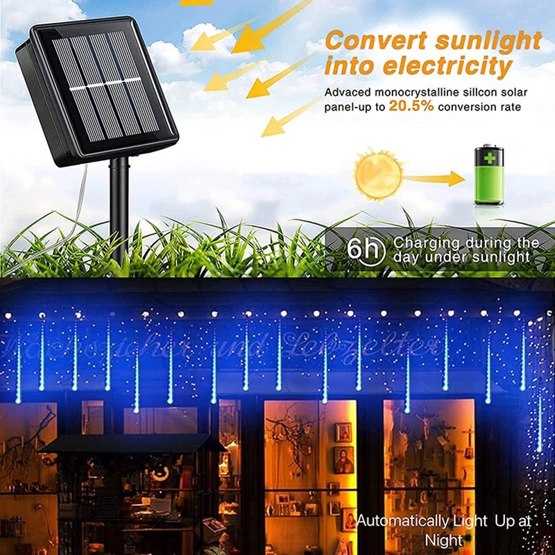 Danoz Lights - Solar Meteor Shower Rain String Lights Waterproof Garden Light 8 Tubes Christmas Tree Holiday Party Wedding Holiday Decoration - danozdirect
