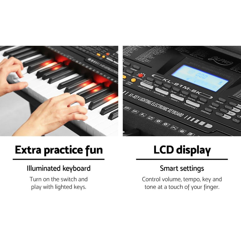 Danoz Music - Alpha 61 Keys Electronic Piano Keyboard Digital Electric w/ Stand Lighted Black - Incl. Delivery - danozdirect