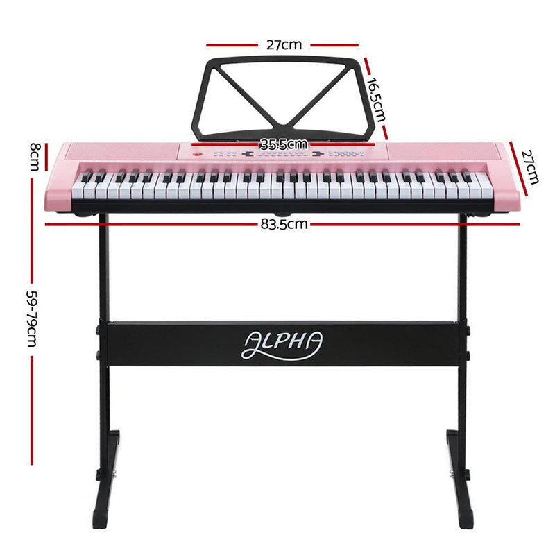 Danoz Music - Alpha 61 Keys Electronic Piano Keyboard Digital Electric w/ Stand Lighted Pink - Incl. Delivery - danozdirect