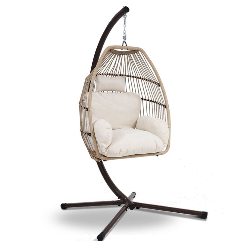 Danoz Outdoor EggPod Swing Chair Hanging Chair Wicker Rope Pod Stand Cushion Latte - danozdirect
