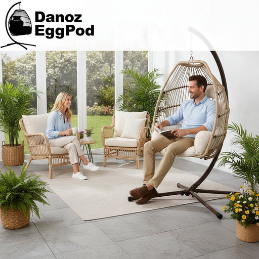 Danoz Outdoor EggPod Swing Chair Hanging Chair Wicker Rope Pod Stand Cushion Latte - danozdirect