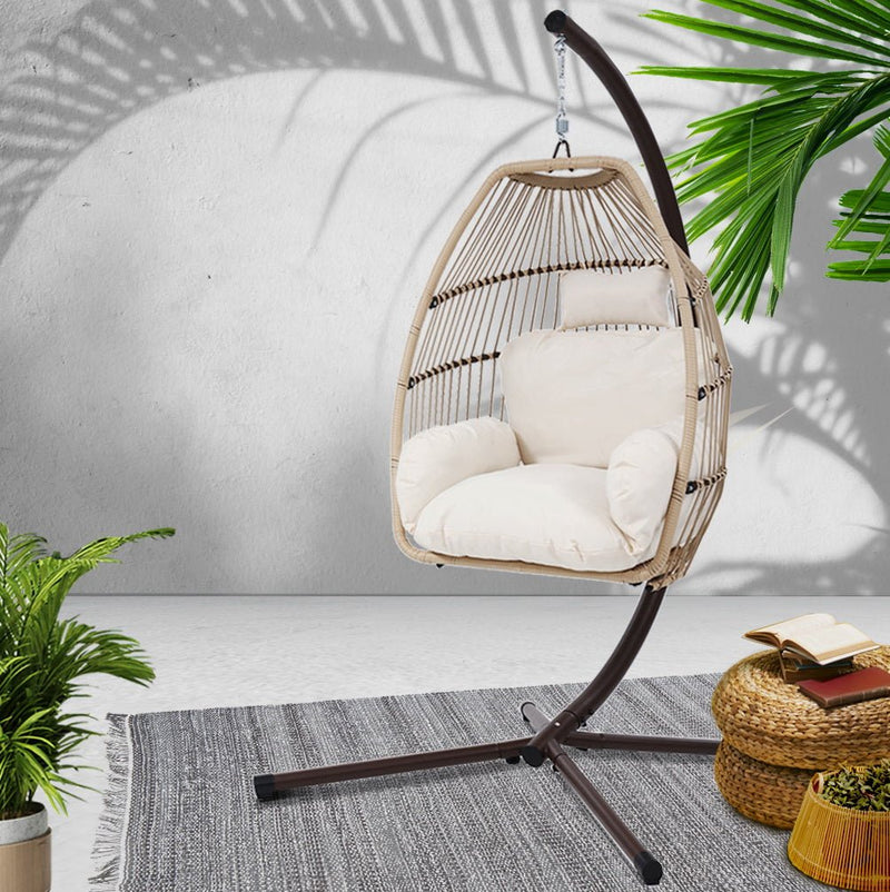 Danoz Outdoor EggPod Swing Chair Hanging Chair Wicker Rope Pod Stand Cushion Latte - danozdirect