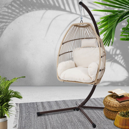 Danoz Outdoor EggPod Swing Chair Hanging Chair Wicker Rope Pod Stand Cushion Latte - danozdirect