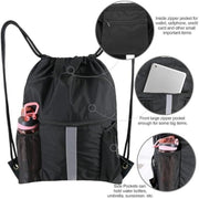 Danoz Outdoors - Black Multi - Pocket Drawstring Backpack Gym Bag with Zipper Compartments, Bottle Holders & Reflective Strip - danozdirect