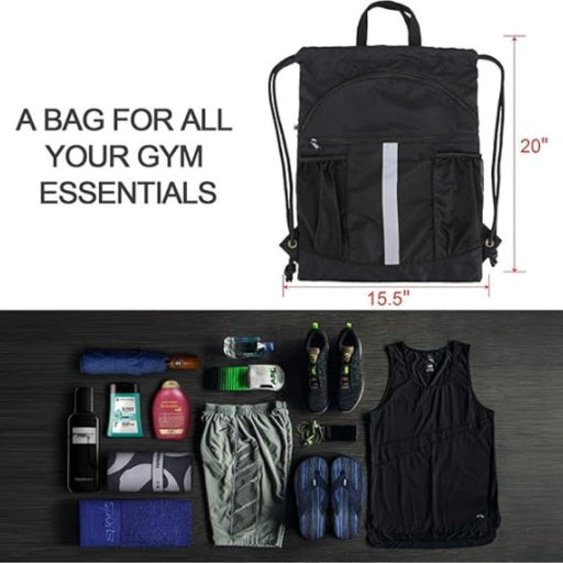 Danoz Outdoors - Black Multi - Pocket Drawstring Backpack Gym Bag with Zipper Compartments, Bottle Holders & Reflective Strip - danozdirect