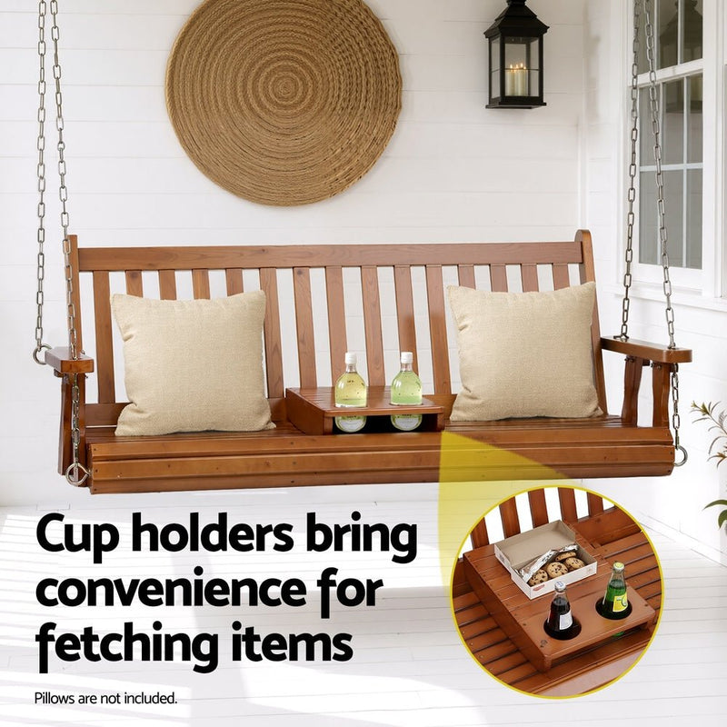 Danoz Outdoors - Gardeon Porch Outdoor Swing Chair Patio Furniture Wooden Bench 2 Seat Cup Holder - danozdirect