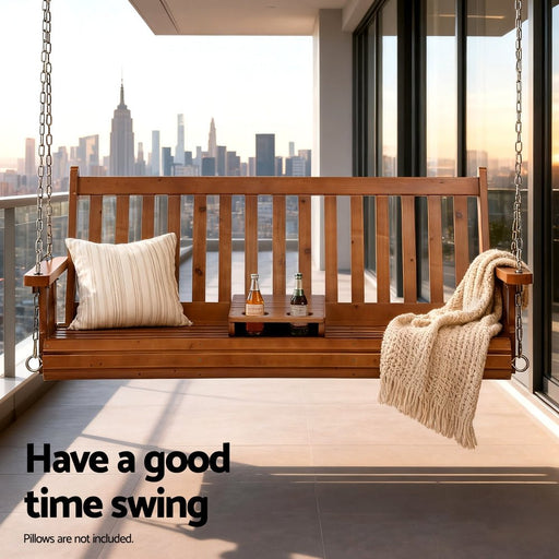 Danoz Outdoors - Gardeon Porch Outdoor Swing Chair Patio Furniture Wooden Bench 2 Seat Cup Holder - danozdirect