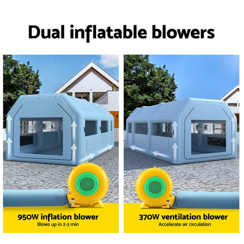 Danoz Outdoors - Giantz Inflatable Spray Booth 8.5X4.6M Car Paint Tent Filter System 2 Blowers - danozdirect