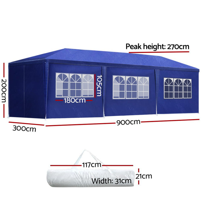Danoz Outdoors ⛺ Instahut Gazebo 3x9m Marquee Wedding Party Tent Outdoor Camping Side Wall Canopy 8 Panel Blue - danozdirect