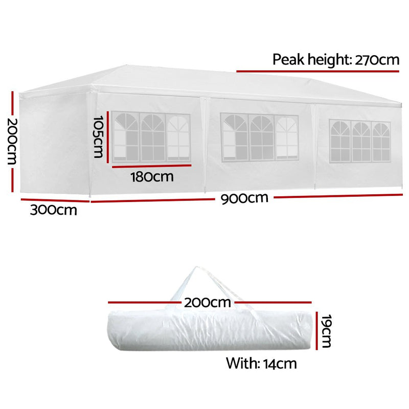 Danoz Outdoors ⛺ Instahut Gazebo 3x9m Marquee Wedding Party Tent Outdoor Camping Side Wall Canopy 8 Panel White - danozdirect