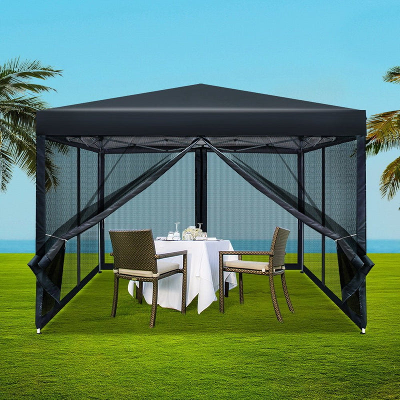 Danoz Outdoors - Instahut Gazebo Pop Up Marquee 3x3m Wedding Party Outdoor Camping Tent Canopy Shade Mesh Wall Black - danozdirect