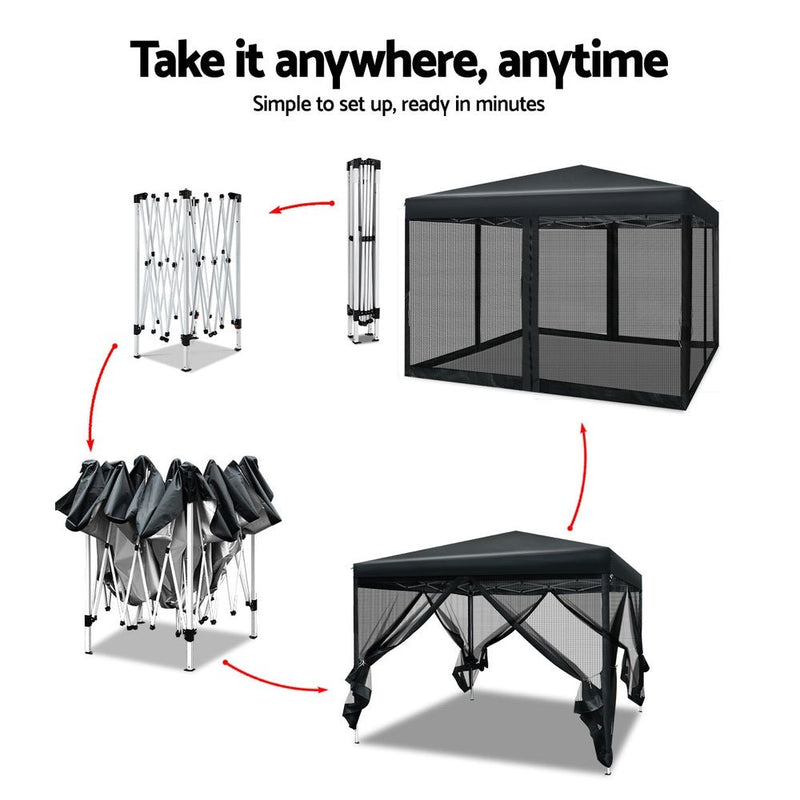 Danoz Outdoors - Instahut Gazebo Pop Up Marquee 3x3m Wedding Party Outdoor Camping Tent Canopy Shade Mesh Wall Black - danozdirect