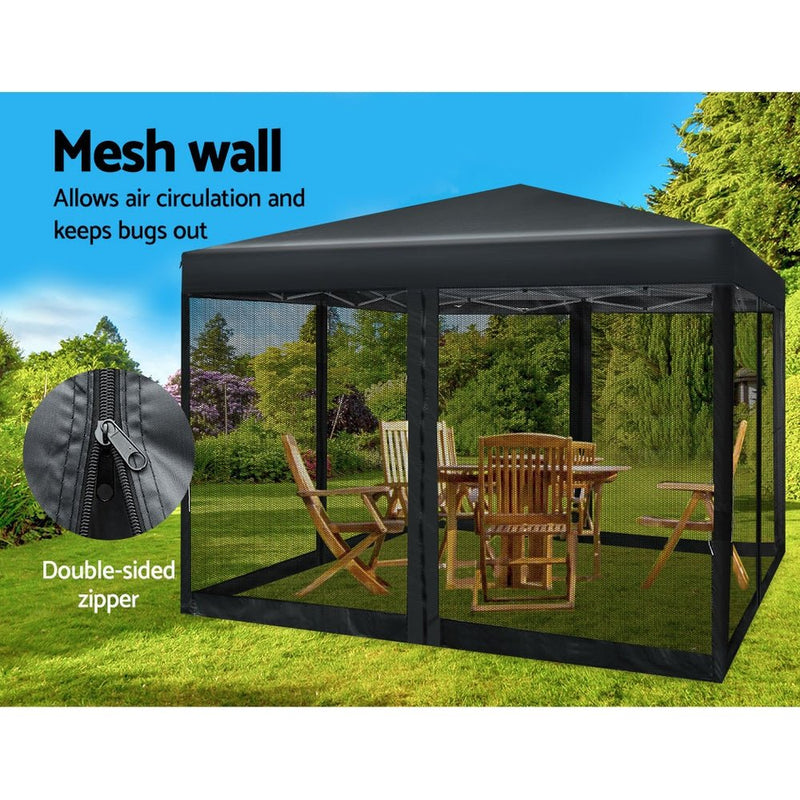 Danoz Outdoors - Instahut Gazebo Pop Up Marquee 3x3m Wedding Party Outdoor Camping Tent Canopy Shade Mesh Wall Black - danozdirect