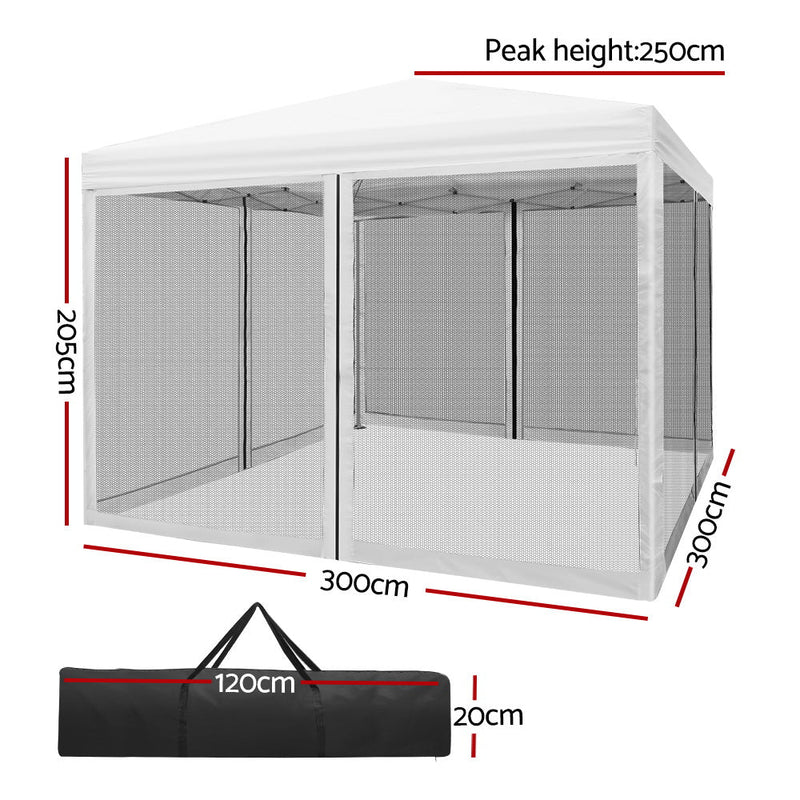 Danoz Outdoors - Instahut Gazebo Pop Up Marquee 3x3m Wedding Party Outdoor Camping Tent Canopy Shade Mesh Wall White - danozdirect