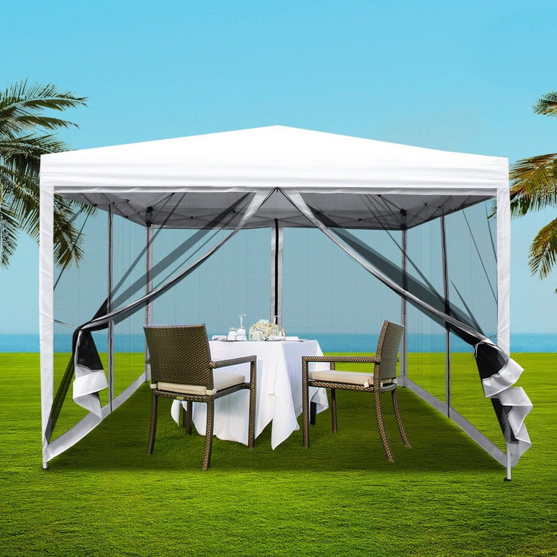 Danoz Outdoors - Instahut Gazebo Pop Up Marquee 3x3m Wedding Party Outdoor Camping Tent Canopy Shade Mesh Wall White - danozdirect
