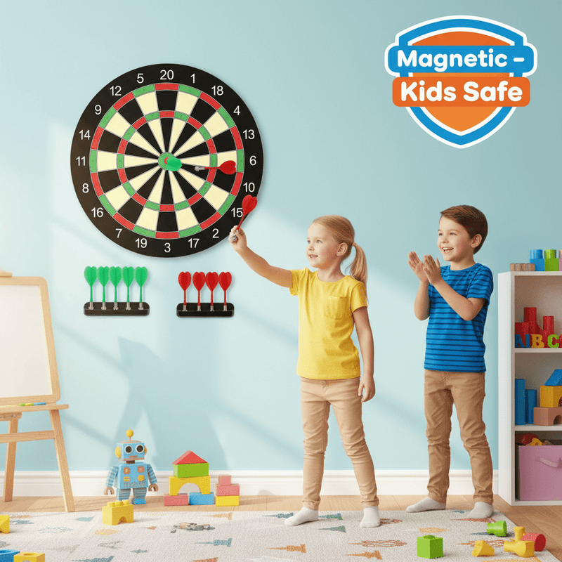 Danoz PlayTime 17 - inch Red and Green Magnetic Dartboard, 40.5 cm in Diameter, Includes 12 Strong Magnetic Darts and Damage - Free Hooks, Safe and Portable for Both Entertainment and Competition. - danozdirect