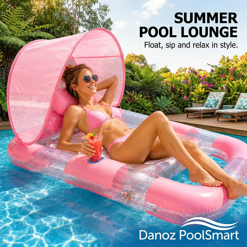 🏊 Danoz PoolSmart | 160cm Inflatable Pool Lounger | Sunshade Canopy, Mesh Bed & Cup Holder | 4 Colours | Free Postage!