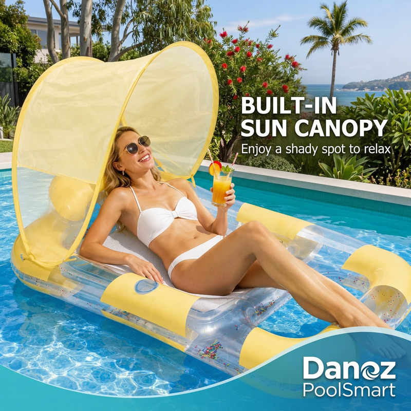 🏊 Danoz PoolSmart | 160cm Inflatable Pool Lounger | Sunshade Canopy, Mesh Bed & Cup Holder | 4 Colours | Free Postage!