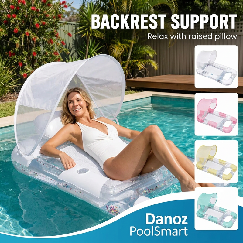 🏊 Danoz PoolSmart | 160cm Inflatable Pool Lounger | Sunshade Canopy, Mesh Bed & Cup Holder | 4 Colours | Free Postage!