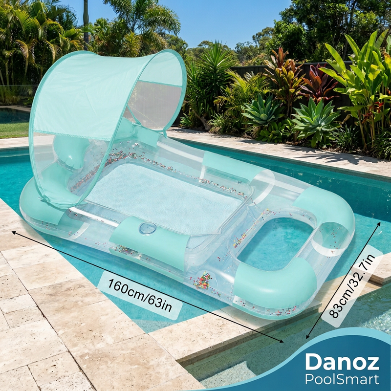 🏊 Danoz PoolSmart | 160cm Inflatable Pool Lounger | Sunshade Canopy, Mesh Bed & Cup Holder | 4 Colours | Free Postage!