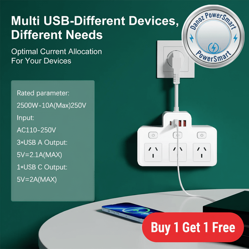 Danoz PowerSmart - Power Strip AU Multitap Wall Mounted Independent Switch Power Socket With USB C Charging Ports Network Filter Adapter - Buy 1 Get 1 Free! - danozdirect