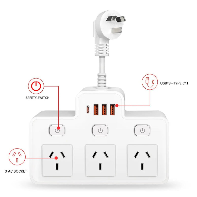 Danoz PowerSmart - Power Strip AU Multitap Wall Mounted Independent Switch Power Socket With USB C Charging Ports Network Filter Adapter - Buy 1 Get 1 Free! - danozdirect