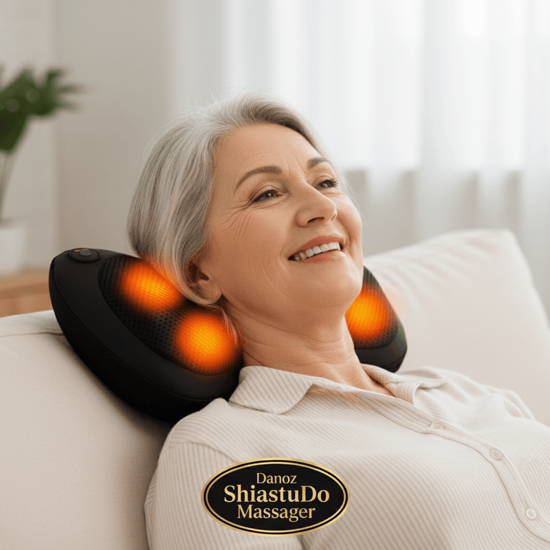 Danoz ShiatsuDo - USB Rechargeable Massage Pillow with Heat - Dual Button Deep Kneading Neck & Back Massager - Adjustable Speed & Direction Car Home Cushion - Brown - danozdirect