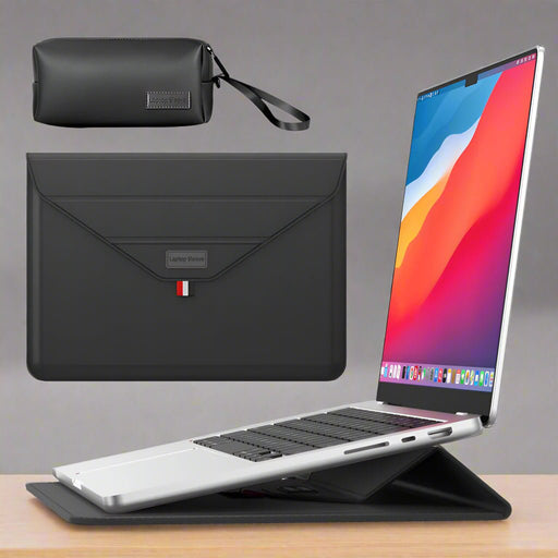 Danoz Smart - 3 - in - 1 PU Leather Laptop Sleeve with Stand & Mouse Pad + Accessory Pouch(black) - danozdirect