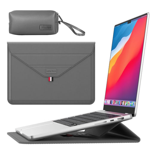 Danoz Smart - 3 - in - 1 PU Leather Laptop Sleeve with Stand & Mouse Pad + Accessory Pouch(Gray) - danozdirect